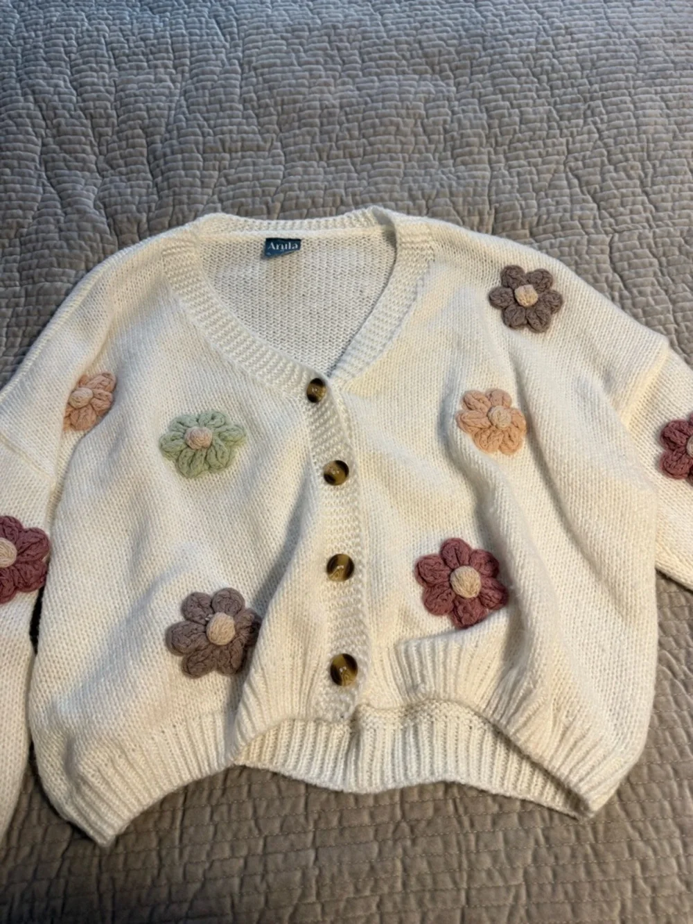 ARULA Cream V-Neck Cardigan with Multicolor Flower Appliqués - Picture 1 of 6